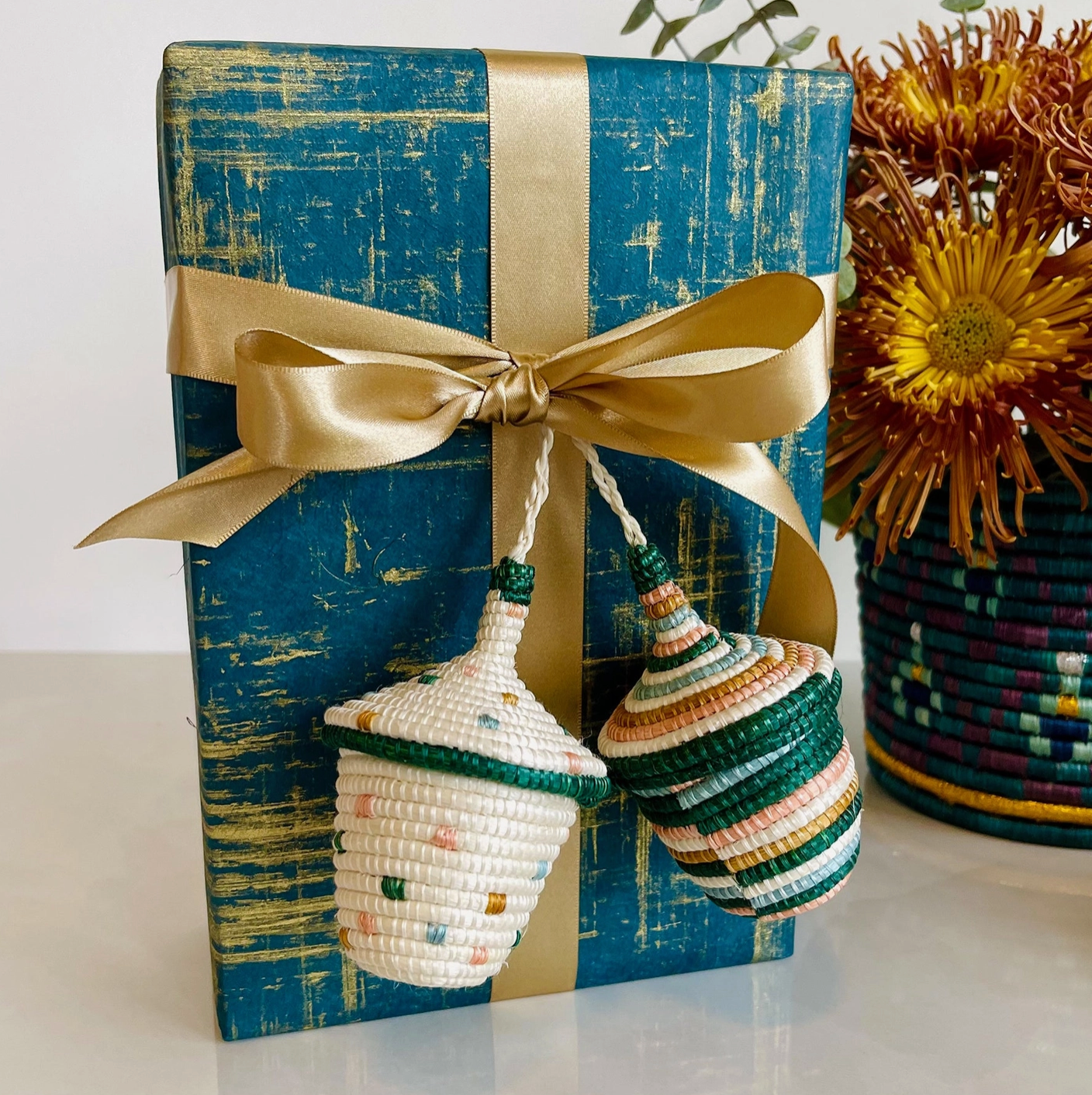 Treasure Lidded Basket Ornaments - Green - Set of 2